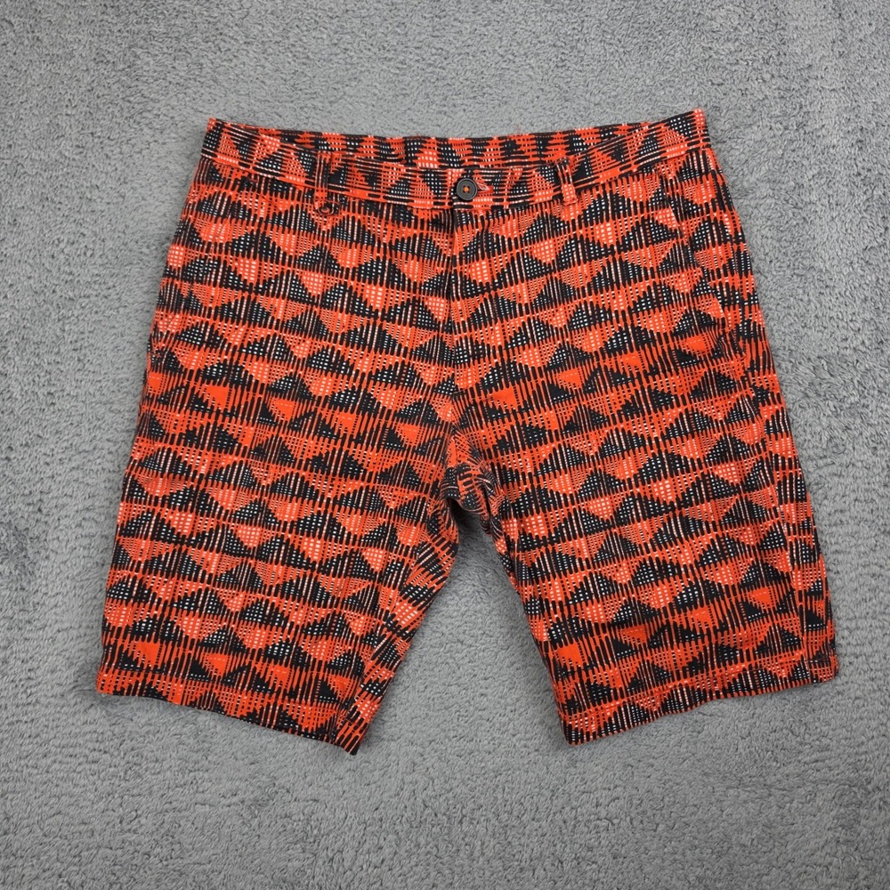 Hugo Boss Hano Shorts Mens 30 Orange Black Geometric Ikat Print Cotton Slim Fit